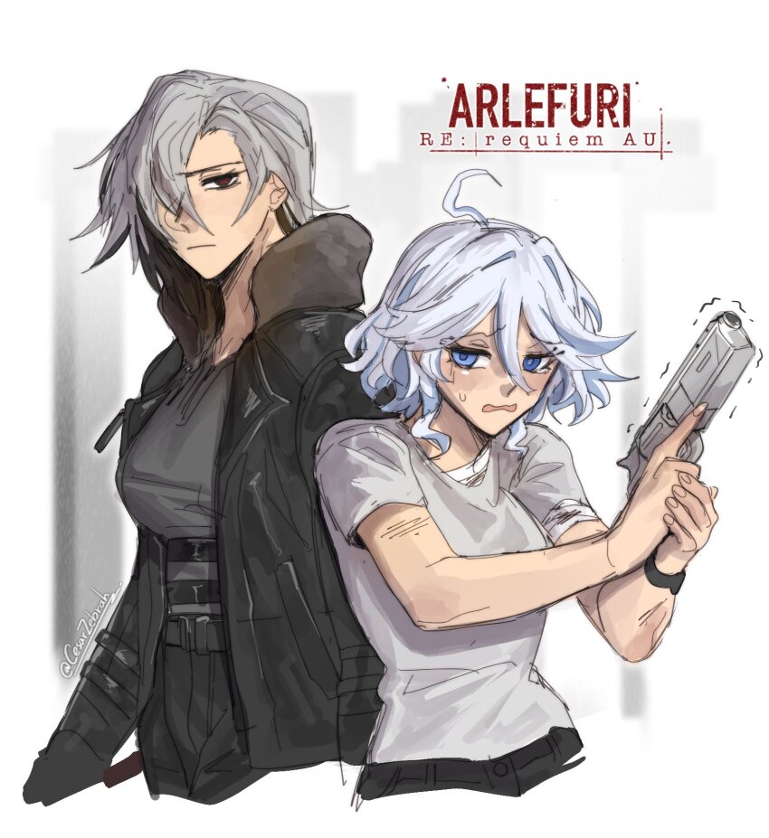 2girls, arlecchino_(genshin_impact), cesar_zebrah, cosplay, crossover, drop-shaped_pupils, eyelash_ornament, furina_(genshin_impact)