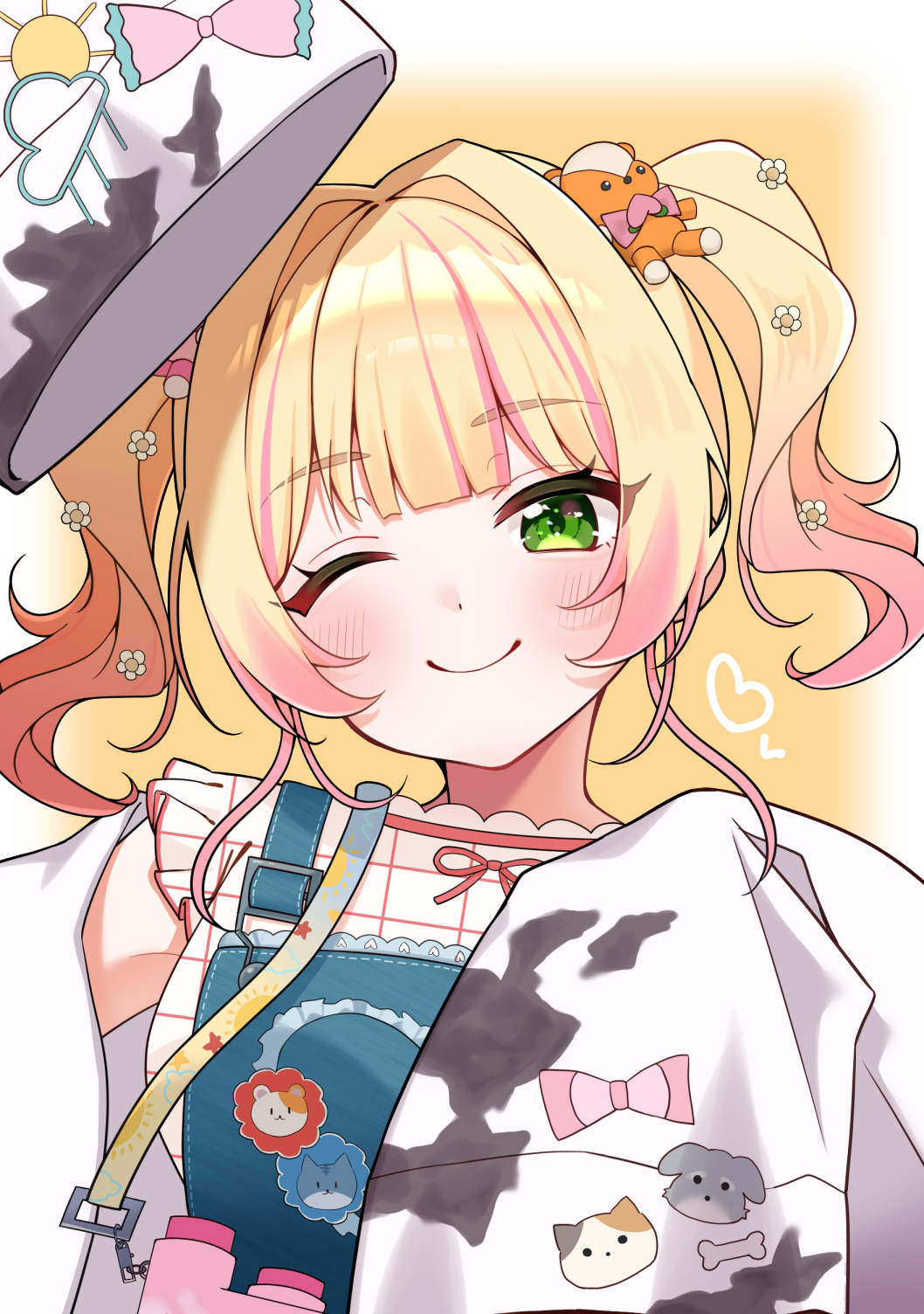 1girl, arm_up, binoculars, blonde_hair, blue_overalls, blush, closed_mouth, coat