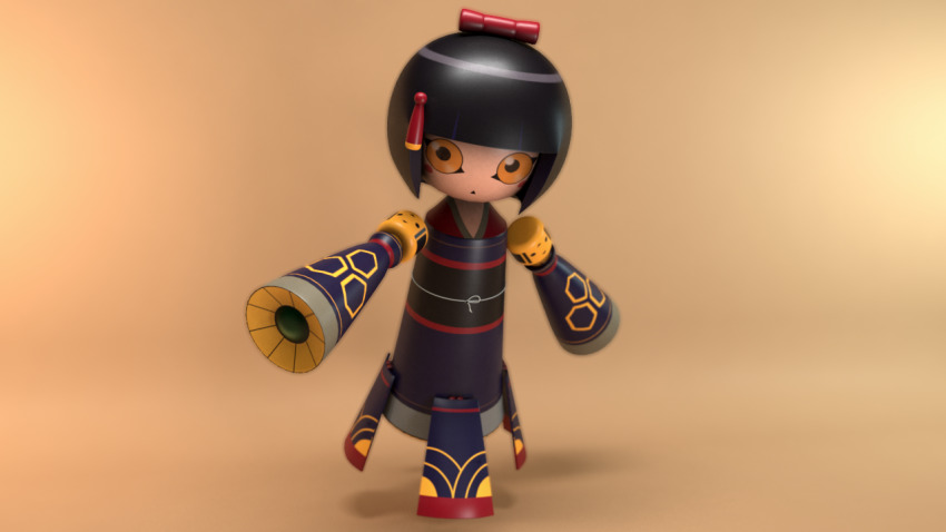 3d, digimon, digimon_(creature), doll, kokeshimon, looking_at_viewer, slyver, triangle_mouth, yellow_eyes