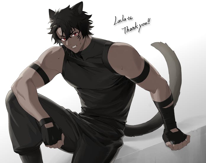1boy, animal_ears, arm_strap, black_hair, black_pants, bodysuit, cat_ears, cat_tail