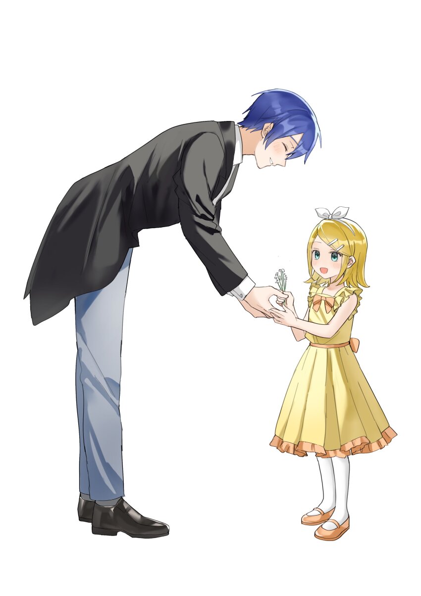 1boy, 1girl, 6_chair, :d, absurdres, aged_down, black_coat, black_shoes, blonde_hair, blue_eyes, blue_hair, blush, bow_hairband, child, closed_eyes, coat, commentary_request, dress, flower, frilled_straps, giving, grey_pants, grin, hair_ornament, hairband, hairclip, highres, holding, holding_flower, kagamine_rin, kaito_(vocaloid), layered_sleeves, leaning_forward, long_sleeves, looking_at_another, mary_janes, open_mouth, orange_shoes, pants, pantyhose, parallel_hairclips, profile, raised_inner_eyebrows, shirt, shoes, short_hair, simple_background, sleeveless, sleeveless_dress, smile, standing, vocaloid, white_background, white_hairband, white_pantyhose, white_shirt, yellow_dress
