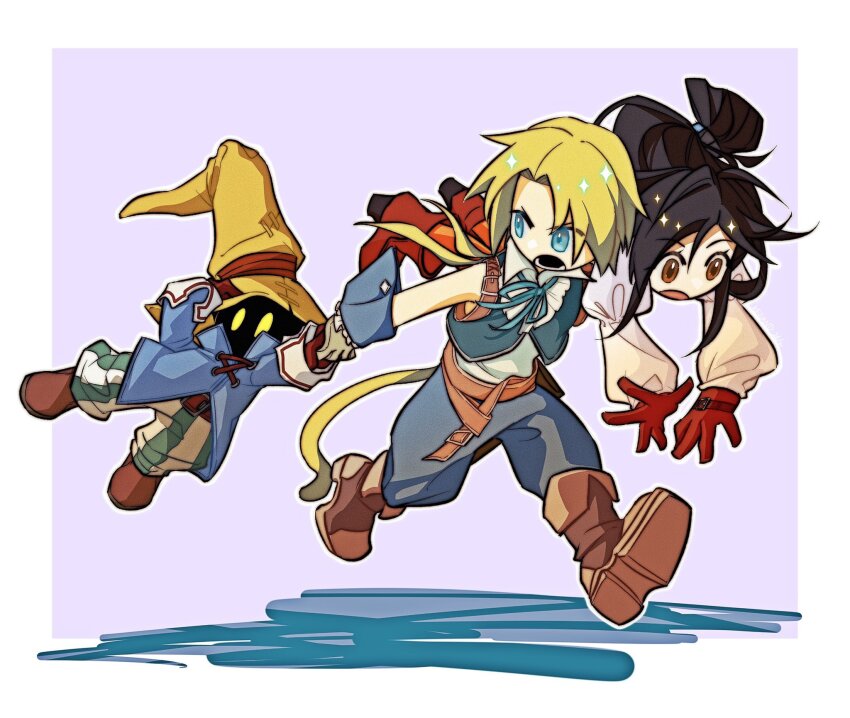 1girl, 2boys, aqua_ribbon, belt, black_hair, black_mage_(final_fantasy), blonde_hair, blue_coat