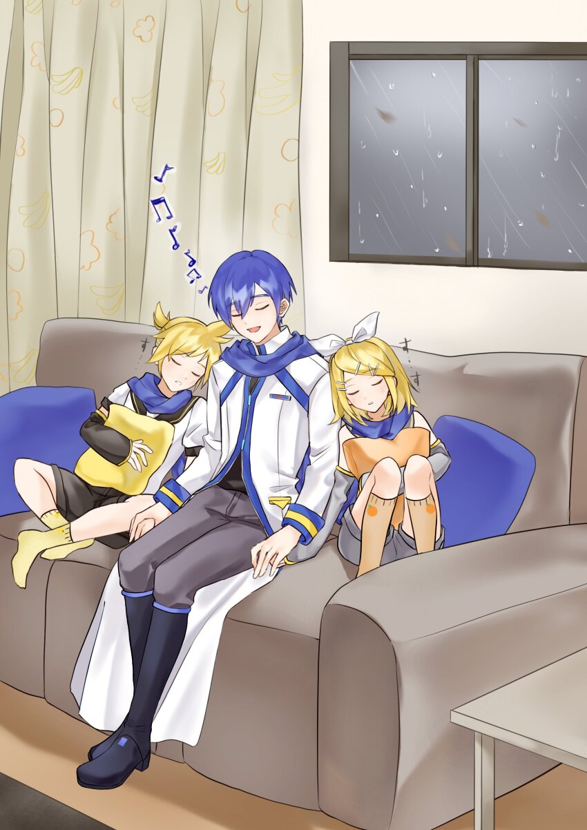 1girl, 2boys, 6_chair, absurdres, bare_shoulders, beamed_eighth_notes, black_boots, black_sailor_collar