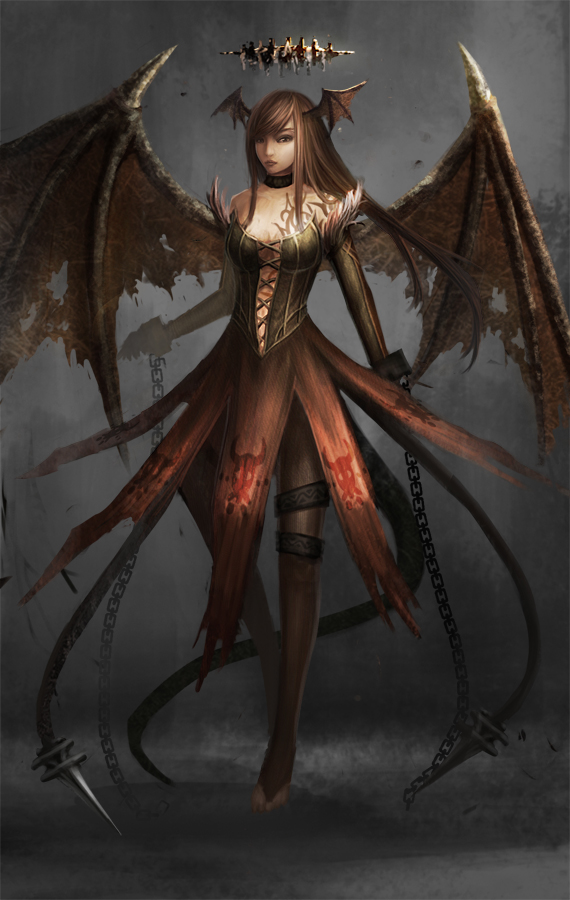 1girl, bad_id, bad_pixiv_id, bat_wings, breasts, brown_eyes, chain, cuffs, demon_girl, dress, female_focus, hbptcsg2, head_wings, original, solo, wings, zi_ye_(hbptcsg2)