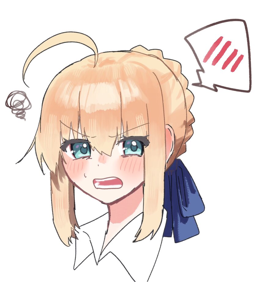 1girl, ahoge, aqua_eyes, artoria_pendragon_(fate), blonde_hair, blue_ribbon, blush, braid, braided_bun, collared_shirt, commentary_request, cropped_head, fate/stay_night, fate_(series), hair_between_eyes, hair_bun, hair_ribbon, highres, huge_ahoge, looking_at_viewer, muryo_55555, open_mouth, ribbon, saber_(fate), shirt, short_hair, sidelocks, simple_background, solo, speech_bubble, spoken_blush, squiggle, sweatdrop, teeth, tongue, v-shaped_eyebrows, white_background, white_shirt
