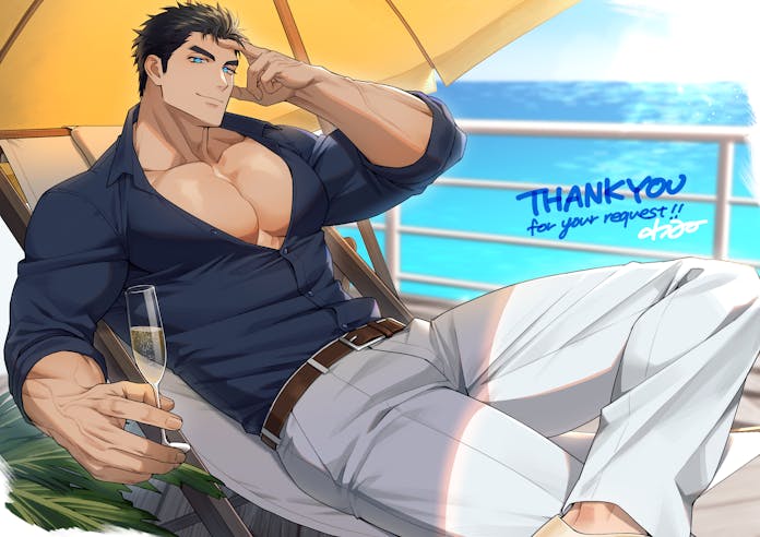 1boy, amagosi, bara, beach_umbrella, belt, belt_buckle, black_hair, blue_eyes