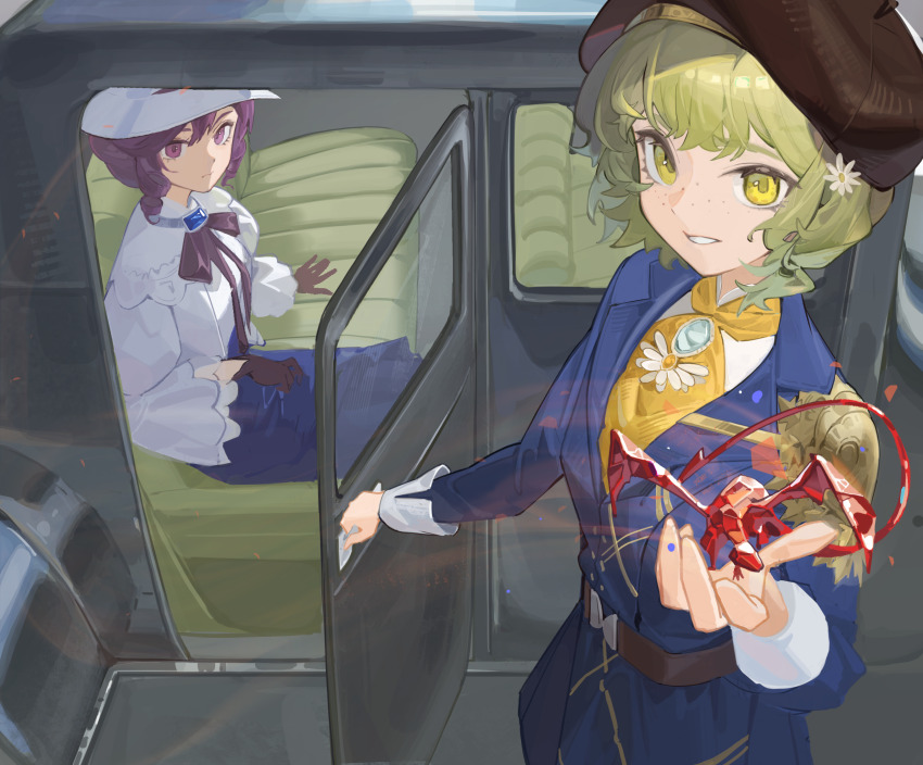 2girls, black_gloves, black_hat, black_skirt, blonde_hair, blue_jacket, bow, bowtie