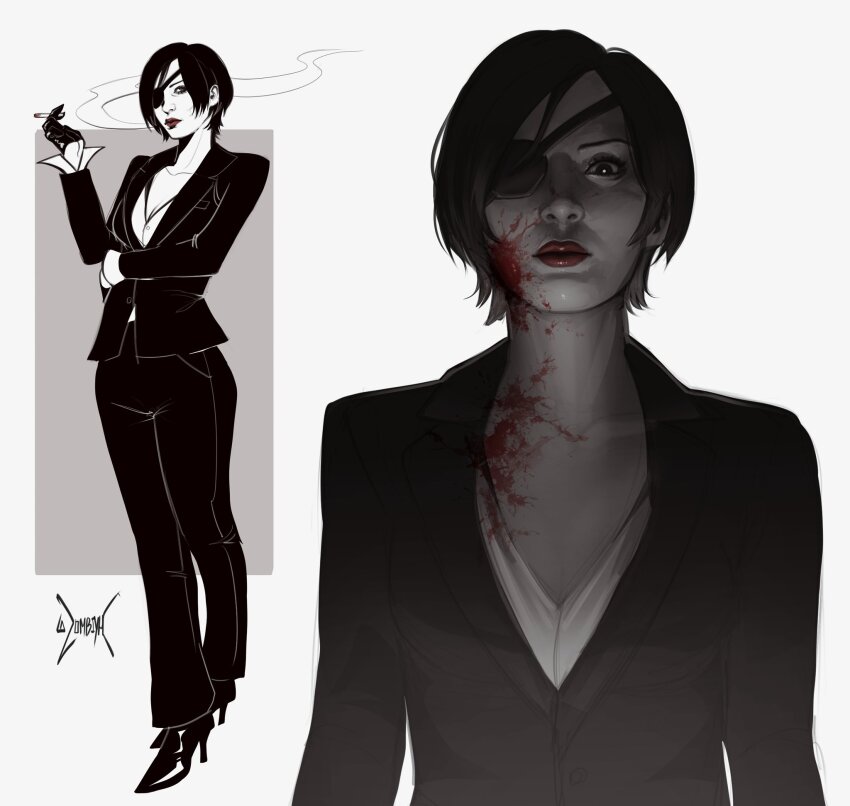 1girl, ada_wong, arm_under_breasts, artist_name, black_gloves, black_jacket, black_pants, black_shoes