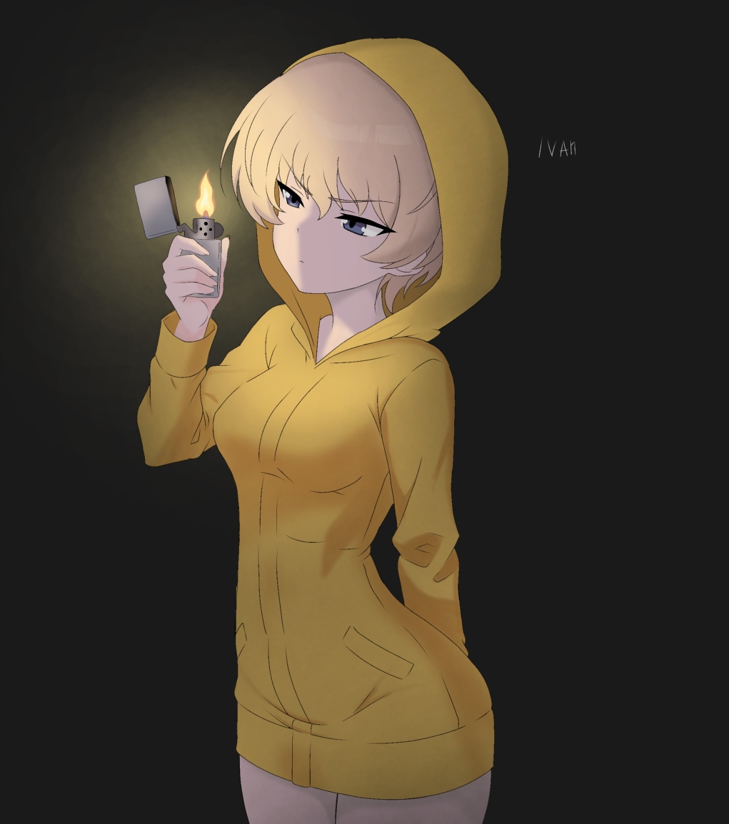 1girl, blonde_hair, commentary, girls_und_panzer, ivan_(2213432), little_nightmares, original, raincoat