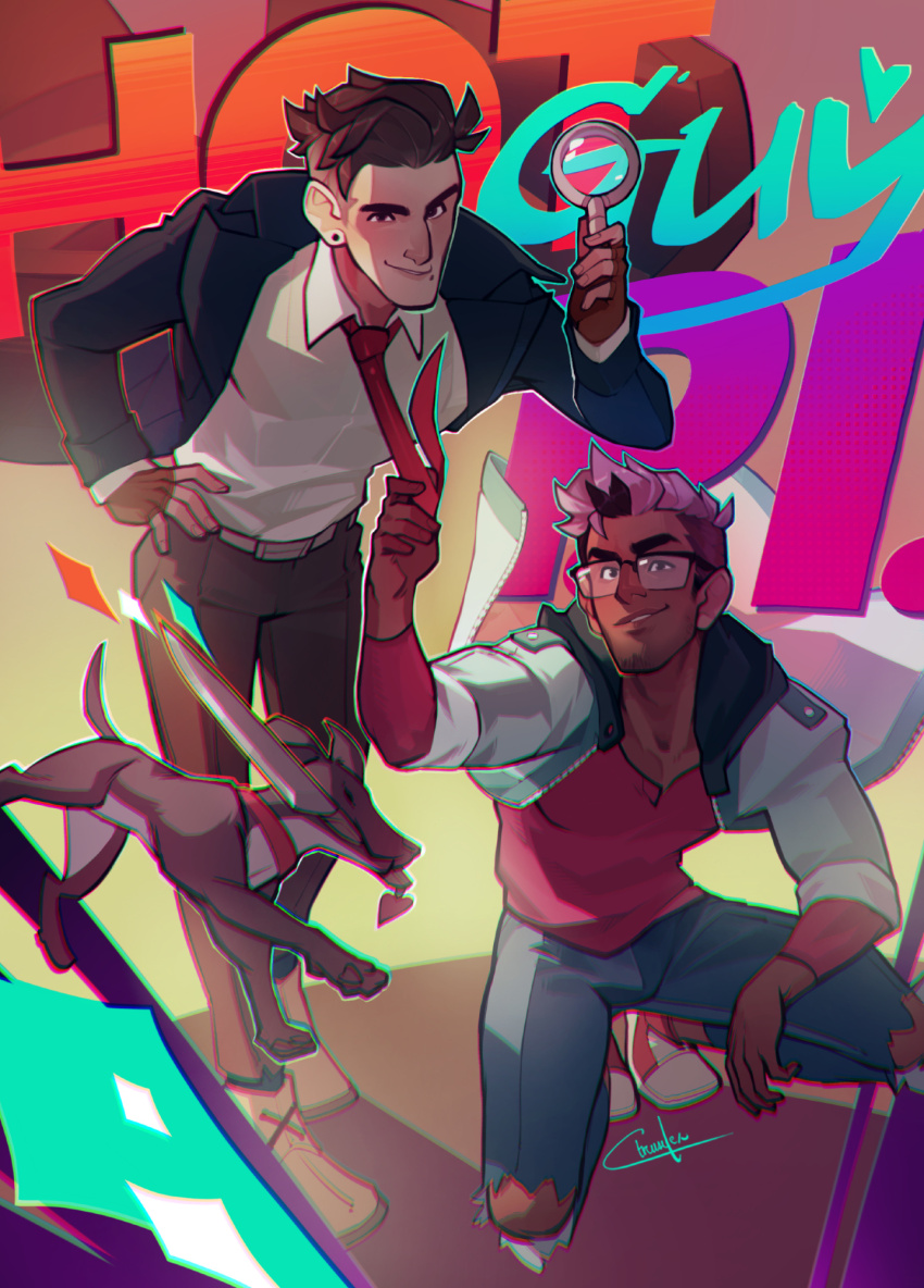 2boys, beard_stubble, belt, coat, collared_shirt, commentary, ctreuselex, dark-skinned_male