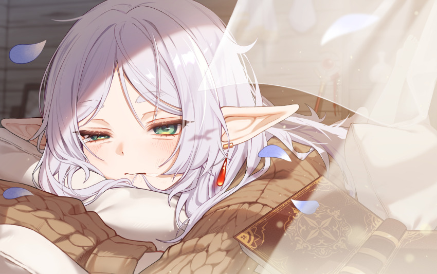 1girl, aren_x, barefoot, bird_shadow, blue_petals, blush, book, brown_cardigan, cardigan, commentary_request, curtains, earrings, elf, falling_petals, floating_curtains, frieren, full_body, green_eyes, grimoire, hair_down, hair_in_own_mouth, half-closed_eyes, head_on_pillow, highres, indoors, inverted_eyelashes, jewelry, leg_up, light_particles, long_hair, looking_at_viewer, loose_hair_strand, lying, mage_staff, messy_hair, on_stomach, parted_bangs, petals, pillow, pointy_ears, saliva, see-through_curtains, shadow, single_earring, sleepy, solo, sousou_no_frieren, staff, sunlight, teardrop, teardrop_earrings, thick_eyebrows, uneven_eyes, white_hair