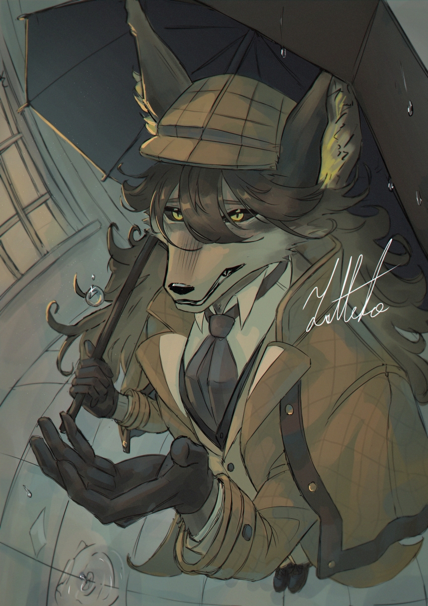 1boy, absurdres, animal_ears, artist_name, black_gloves, black_sclera, black_shoes, brown_coat, brown_vest, coat, colored_sclera, commentary, deerstalker, detective, english_commentary, furry, furry_male, gloves, hat, highres, holding, holding_umbrella, latteko, male_focus, morimens, necktie, rain, ryker_(morimens), shirt, shoes, slit_pupils, umbrella, vest, water_drop, white_shirt, wolf_boy, wolf_ears, yellow_eyes