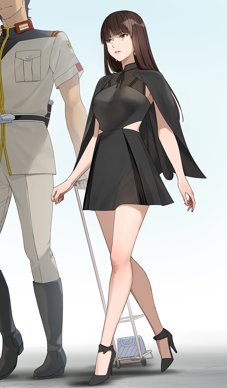 1boy, 1girl, black_boots, black_dress, blunt_bangs, boots, brown_eyes, brown_hair