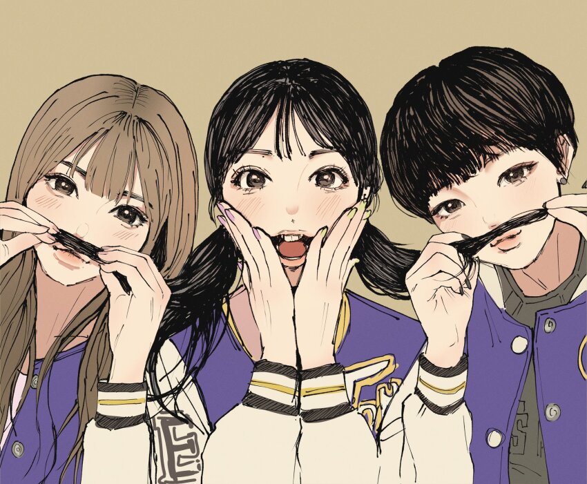 3girls, animification, black_eyes, black_hair, blush, brown_background, brown_hair, cheer_up_(twice), commentary, grey_shirt, hair_mustache, highres, jacket, jeongyeon_(twice), k-pop, korean_commentary, letterman_jacket, long_hair, momo_(twice), multiple_girls, nata_(na4ta4), nayeon_(twice), playing_with_another's_hair, purple_jacket, real_life, shirt, short_hair, smile, twice_(group), twintails