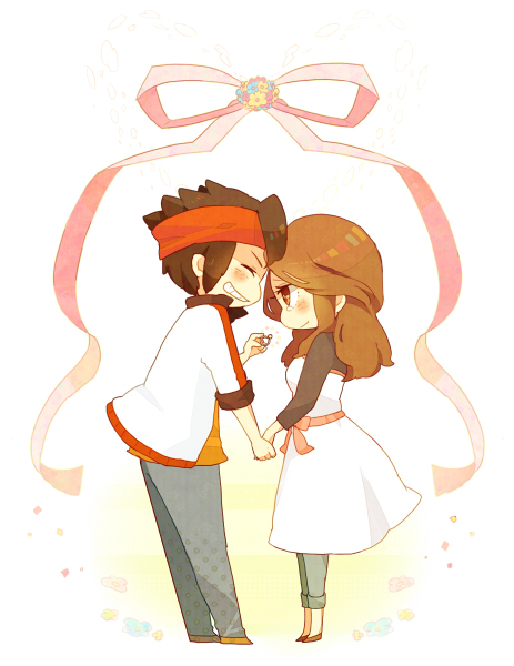 1boy, 1girl, blush, brown_eyes, brown_hair, chibi, couple, endou_mamoru