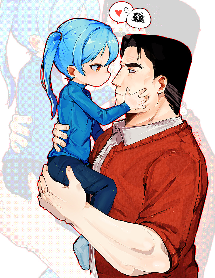 2boys, absurdres, age_difference, aqua_hair, bailey_(degrees_of_lewdity), bailey_(male)_(degrees_of_lewdity), black_hair, carrying, carrying_person, collared_shirt, commentary, degrees_of_lewdity, english_commentary, grey_socks, hair_tie, hand_on_another's_back, hand_on_another's_face, heart, highres, mootchibaru, multiple_boys, orange_eyes, player_character_(degrees_of_lewdity), player_character_(male)_(degrees_of_lewdity), shirt, size_difference, socks, speech_bubble, spoken_heart, twintails