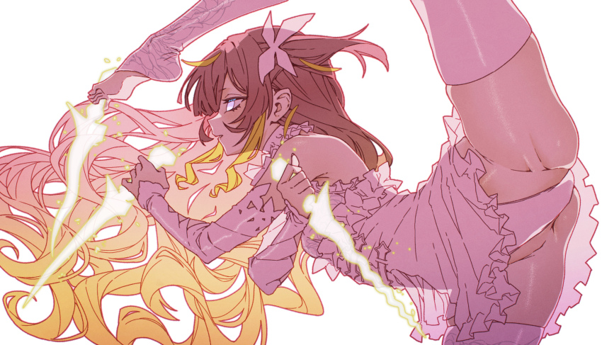 1girl, alternate_costume, anya_melfissa, blonde_hair, brown_hair, detached_sleeves, dress, frilled_dress