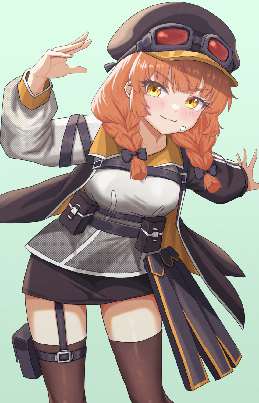 1girl, absurdres, arm_up, bandaid, bandaid_on_face, beryl_(chaos_zero_nightmare), black_hat, braid