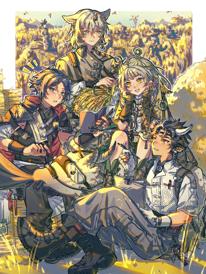 1girl, 1other, 3boys, animal_ears, arknights, biting, biting_clothes, black_boots