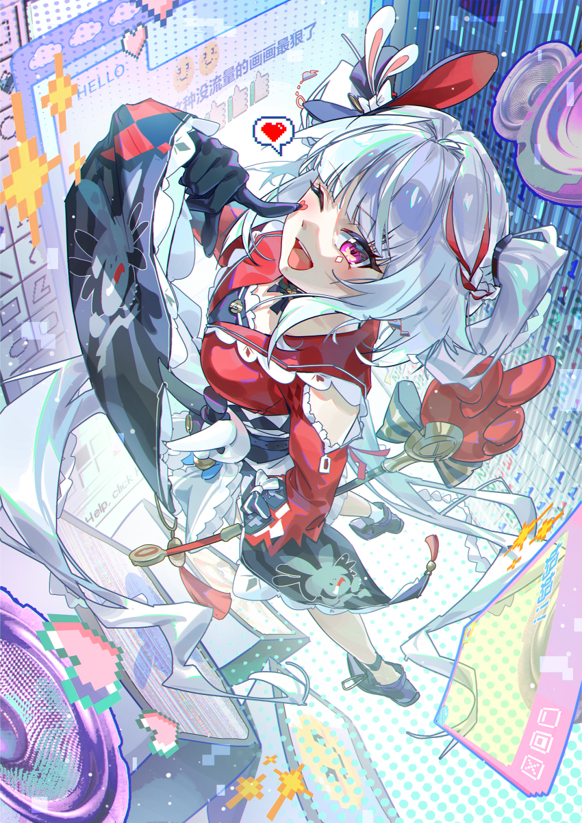 1girl, absurdres, ankle_garter, belt, black_belt, black_choker, black_gloves, black_hat