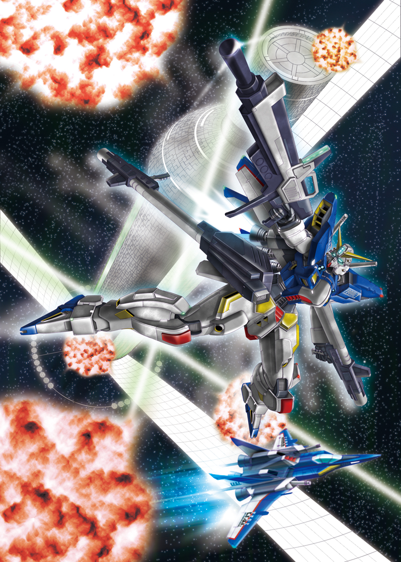 aiming, beam_cannon, beam_rifle, comiket_86, commentary_request, earth_federation, energy_gun, explosion