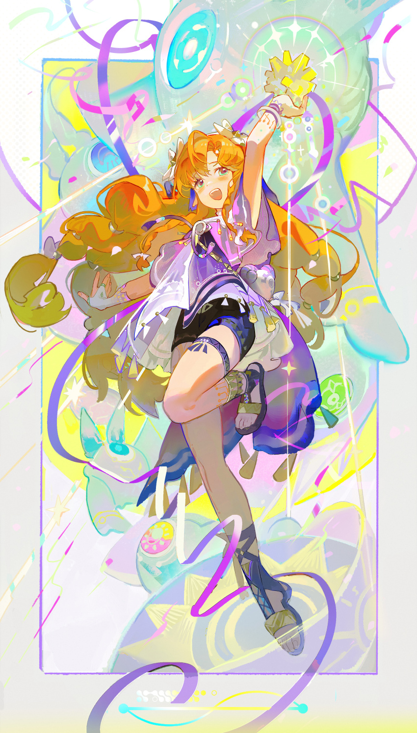 1girl, absurdres, aqua_eyes, arm_up, black_shorts, chinese_commentary, commentary_request, full_body