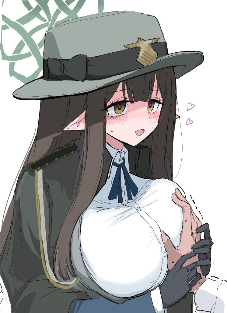 1girl, blue_archive, blush, bone_hiko, breasts, brown_hair, collared_shirt, commentary_request