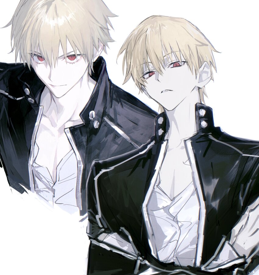 1boy, absurdres, blonde_hair, clenched_teeth, closed_mouth, cropped_torso, crossed_arms, fate_(series)