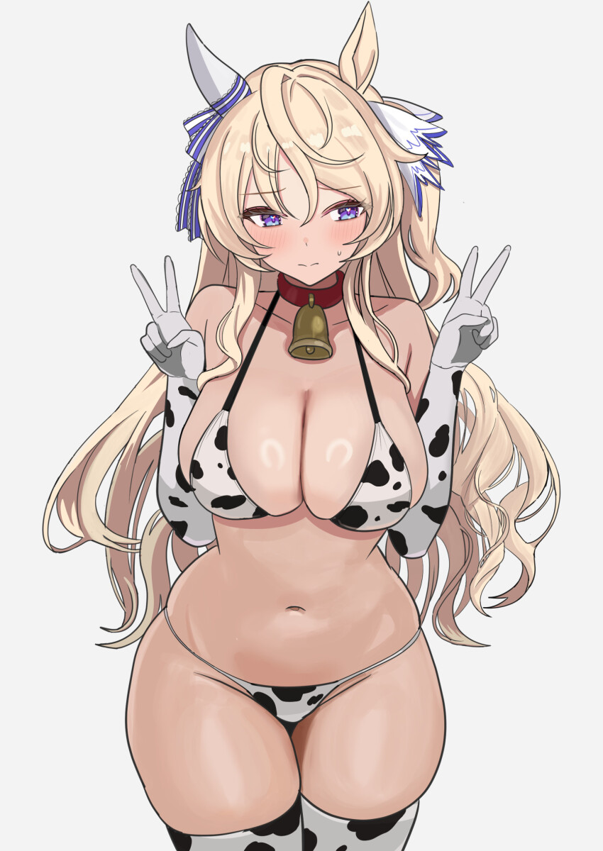 1girl, absurdres, alternate_costume, animal_ears, animal_print, bell, bikini, blonde_hair