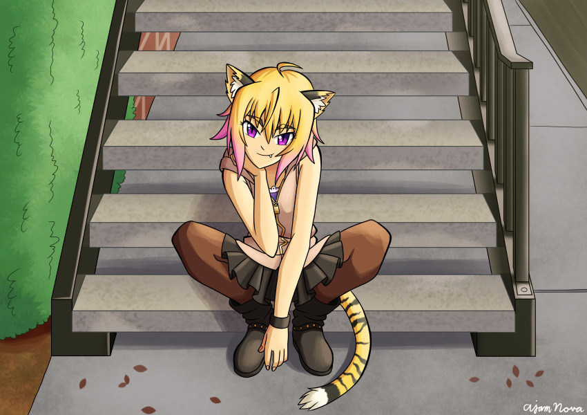 1girl, absurdres, ajamnova, animal_ear_fluff, animal_ears, artist_name, black_boots, black_skirt
