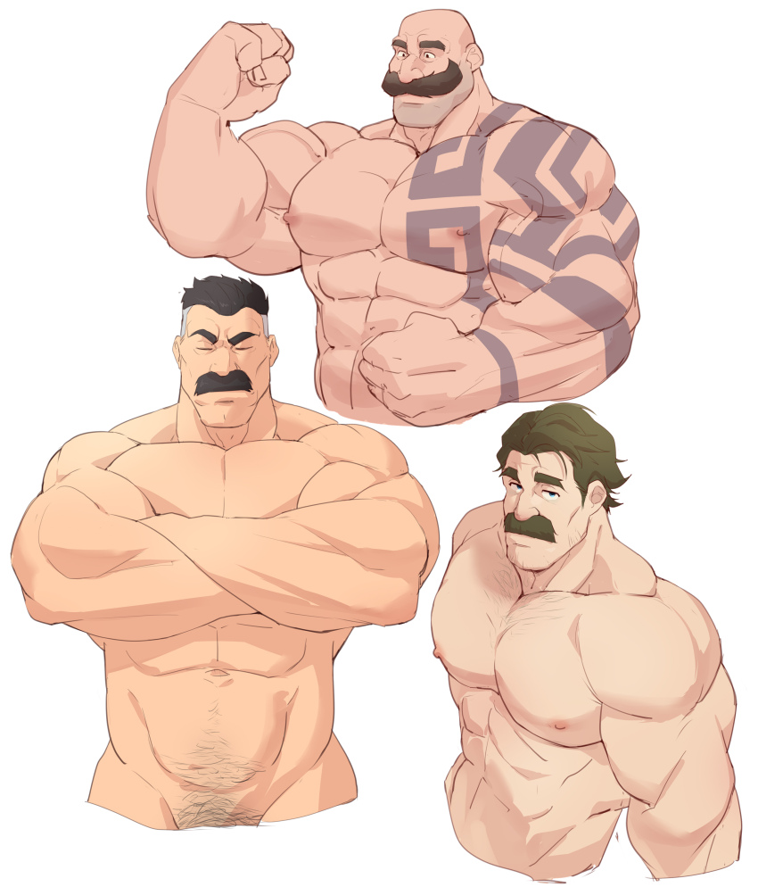 3boys, abs, absurdres, arm_tattoo, bara, bare_pectorals, biceps, braum_(league_of_legends)