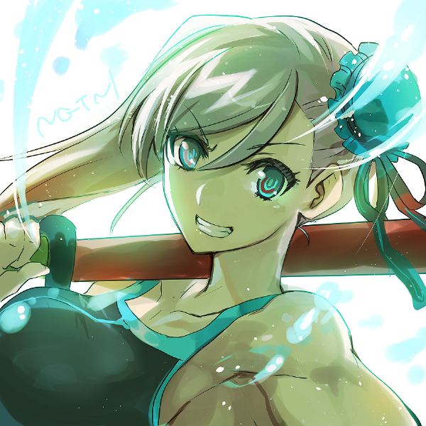 1girl, black_one-piece_swimsuit, blue_eyes, breasts, bun_cover, collarbone, commentary_request, fate/grand_order