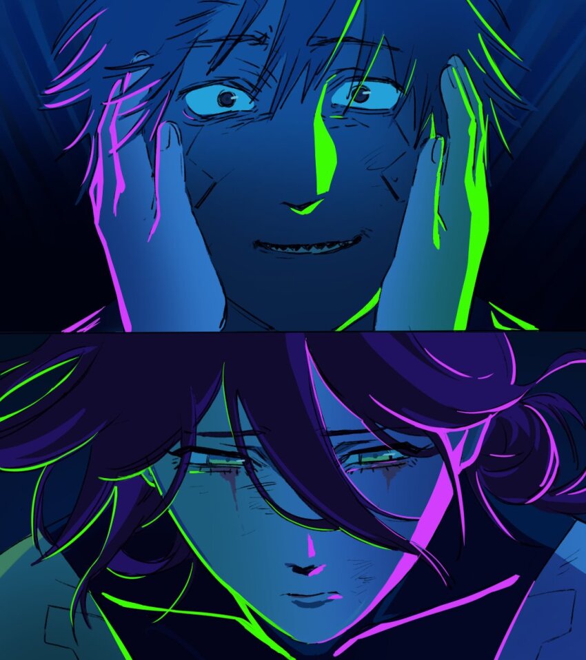 1boy, 1girl, blonde_hair, chainsaw_man, cyberpunk:_edgerunners, cyberpunk_(series), denji_(chainsaw_man), fangs, hands_on_another's_head, highres, jvne_ee, purple_eyes, reze_(chainsaw_man), scene_reference