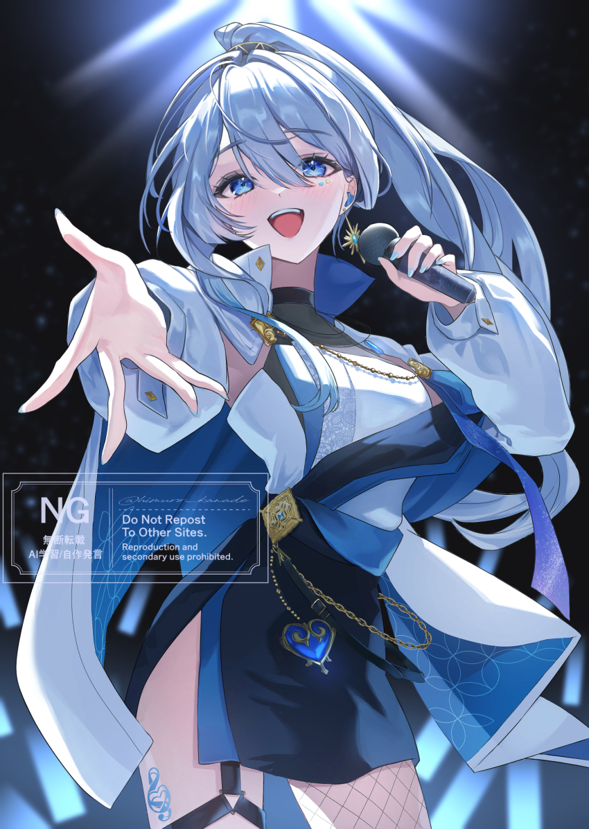 1girl, black_skirt, blue_eyes, commentary_request, cowboy_shot, earrings, grey_hair, halterneck