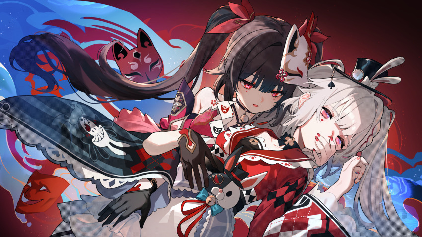 2girls, aha_(honkai:_star_rail), bare_shoulders, bell, belt, black_belt, black_choker, black_gloves