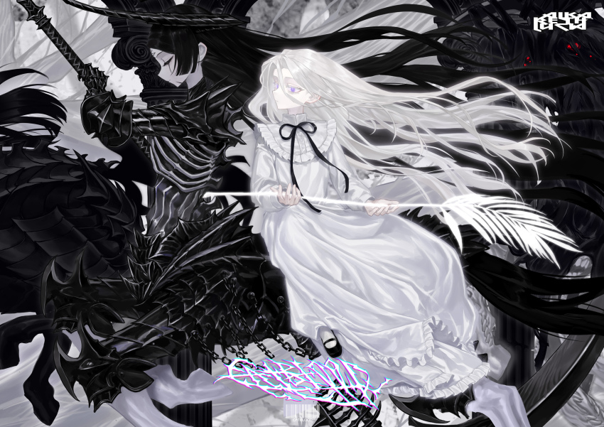 2girls, absurdres, albino, armor, barding, black_armor, black_hair, black_ribbon