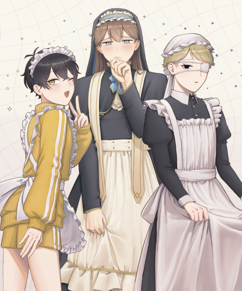 3boys, :d, amano_mashiro, apron, black_dress, blonde_hair, commentary_request, cowboy_shot