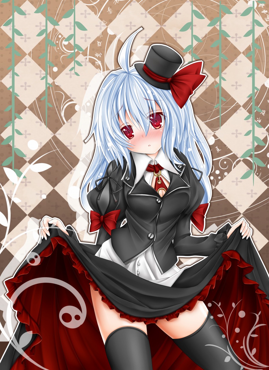 1girl, ahoge, black_thighhighs, blue_hair, blush, bow, clothes_lift, female_focus