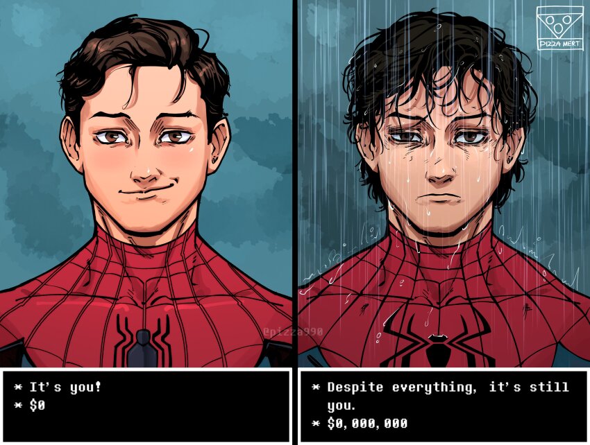 1boy, absurdres, animal_print, artist_name, before_and_after, brown_eyes, brown_hair, commentary, despite_everything_it's_still_you_(meme), english_commentary, english_text, highres, looking_at_viewer, marvel, meme, messy_hair, multiple_memes, peter_parker, pizza990, rain, reze's_eye_twitch_(chainsaw_man), smile, spider-man, spider-man:_brand_new_day, spider-man_(original_suit), spider-man_(series), spider_print, spider_web_print, superhero_costume, undertale, utdr_(toby_fox), wet