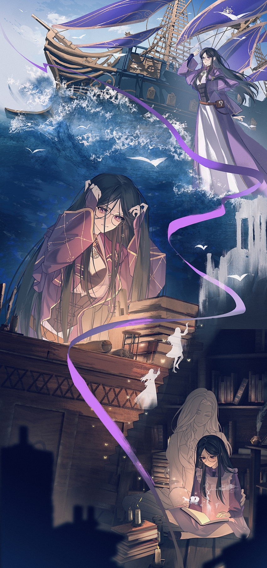 2girls, absurdres, apron, bernadette_gustav, bird, black_hair, blue_sky, boat