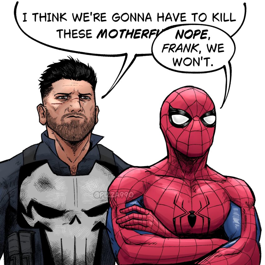 2boys, absurdres, animal_print, artist_name, beard, black_hair, brown_eyes, bulletproof_vest, chest_hair, crossed_arms, facial_hair, frank_castle, highres, i_think_we're_gonna_have_to_kill_this_guy_steven_(meme), male_focus, marvel, mask, meme, multiple_boys, pizza990, scar, scar_on_face, scar_on_nose, skull_print, speech_bubble, speech_bubble_censor, spider-man, spider-man:_brand_new_day, spider-man_(original_suit), spider-man_(series), spider_print, spider_web_print, superhero_costume, the_punisher_(character), upper_body