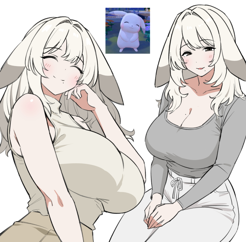 1girl, ^_^, absurdres, blush, breasts, cleavage, closed_eyes, collarbone