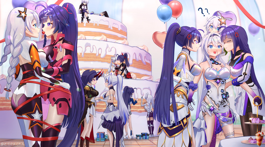 6+girls, absurdres, anger_vein, aroused_nosebleed, balloon, blood, blue_eyes, cake