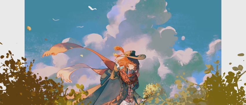 1boy, absurdres, androgynous, black_cape, black_coat, black_hat, blue_sky, brown_hair