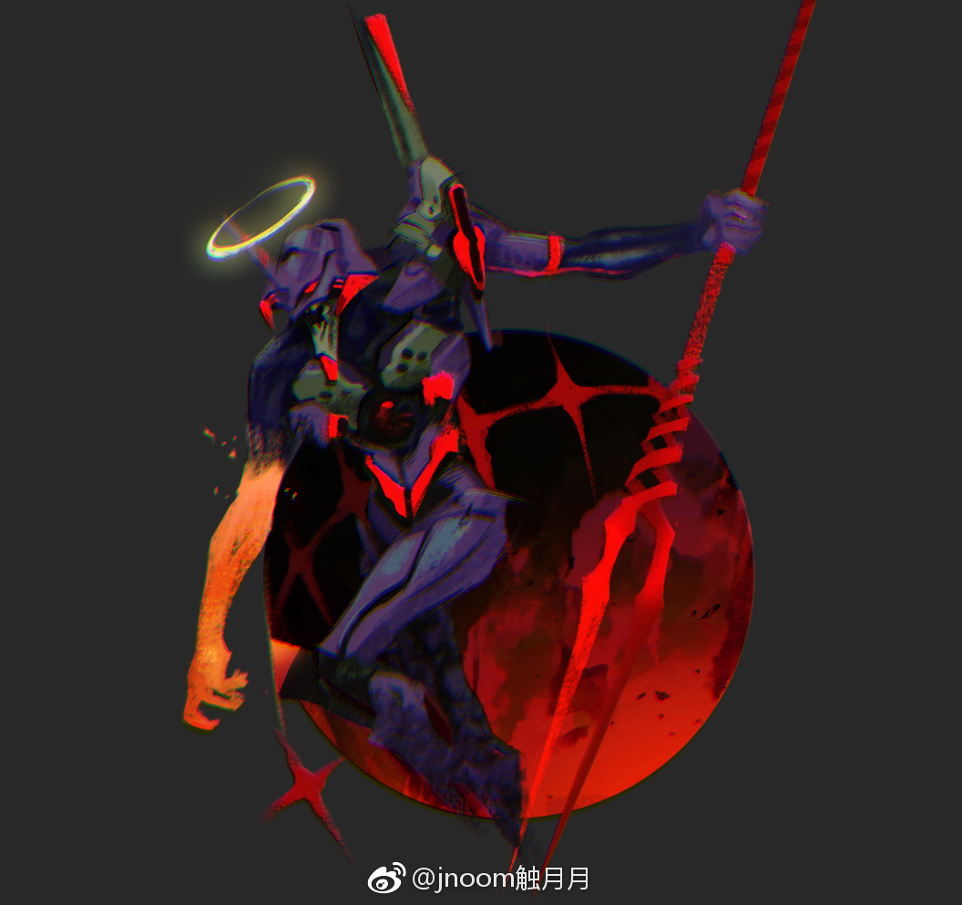 commentary, eva_01, grey_background, halo, lance_of_longinus_(evangelion), mecha, mecha_focus, moonjjj