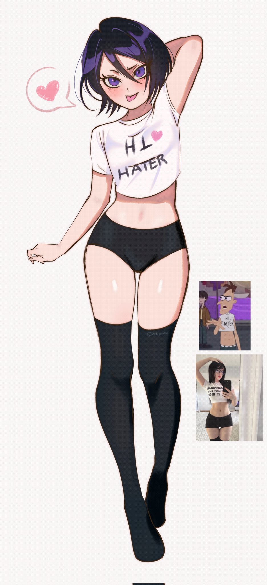 1girl, arm_behind_back, black_hair, black_panties, bleach, clothes_writing, commentary, corrupted_twitter_file, crop_top, cropped_shirt, full_body, heart, heinz_doofenshmirtz, highres, kuchiki_rukia, m1rimorinku, panties, petite, phineas_and_ferb, photo_inset, purple_eyes, purple_hair, reference_inset, short_hair, solo, spoken_heart, tongue, tongue_out, underwear, white_background