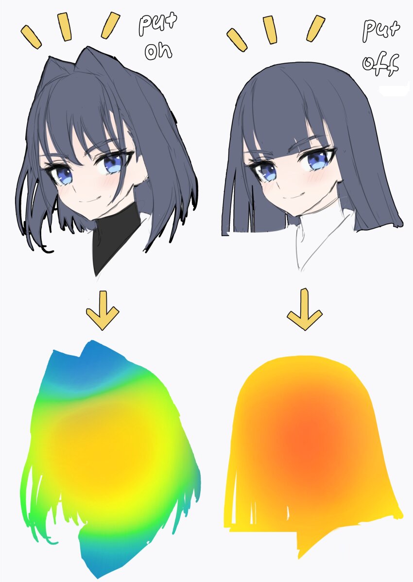 1girl, absurdres, black_hair, blue_eyes, cropped_head, english_text, hair_intakes, highres, hololive, hololive_english, long_hair, ouro_kronii, ouro_kronii_(1st_costume), ouro_kronii_(goddess), smile, thermogram, thomas_8000, virtual_youtuber