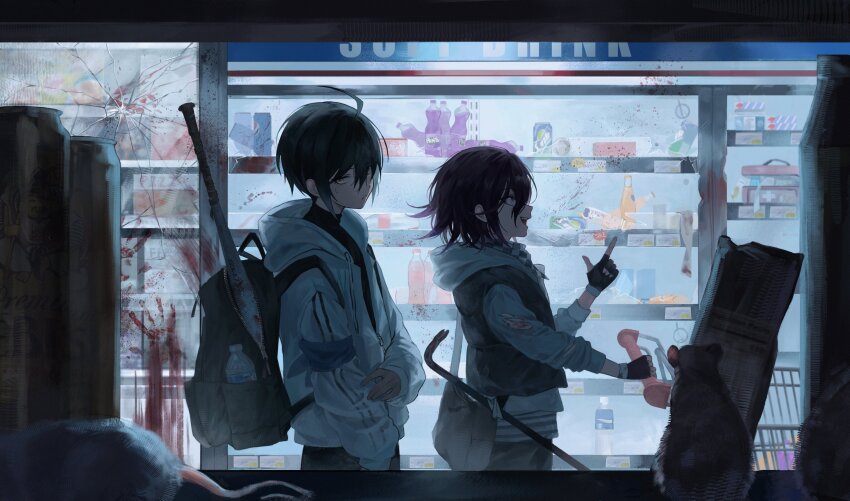 2boys, absurdres, ahoge, animal, baseball_bat, beer_can, black_gloves, black_hair