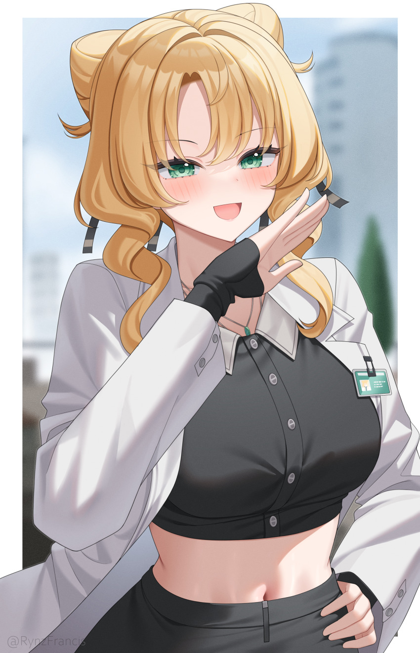 1girl, :d, absurdres, black_shirt, black_skirt, blonde_hair, blurry, blurry_background, blush, border, breasts, coat, collared_shirt, commentary, cowboy_shot, crop_top, double_bun, drill_hair, girls'_frontline, girls'_frontline_2:_exilium, green_eyes, hair_between_eyes, hair_bun, hair_ribbon, hand_on_own_hip, hand_to_own_mouth, highres, id_card, jewelry, lab_coat, large_breasts, laughing, long_hair, long_sleeves, looking_at_viewer, midriff, navel, necklace, ojou-sama_pose, open_clothes, open_coat, open_mouth, orphelune_(girls'_frontline_2), ribbon, rynzfrancis, shirt, sidelocks, skirt, sleeves_past_wrists, smile, solo, standing, twitter_username, white_border, white_coat
