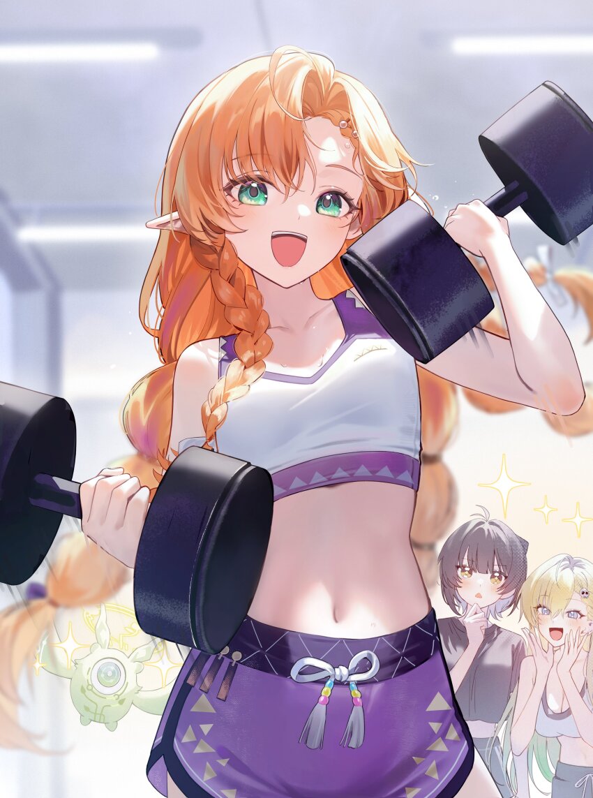 3girls, :d, absurdres, alternate_costume, black_hair, blonde_hair, blue_eyes, braid, braided_sidelocks, breasts, cleavage, collarbone, commentary_request, crop_top, dolphin_shorts, dumbbell, exercising, female_rover_(wuthering_waves), finger_to_mouth, green_eyes, hair_ornament, hands_up, highres, holding, holding_dumbbell, indoors, large_breasts, long_hair, looking_at_viewer, lynae_(wuthering_waves), magako, medium_breasts, multiple_girls, navel, open_mouth, orange_hair, pointy_ears, purple_shoes, purple_shorts, rover_(wuthering_waves), shoes, shorts, sidelocks, sigrika_(wuthering_waves), skull_hair_ornament, small_breasts, smile, soliskin_(wuthering_waves), solo_focus, sports_bra, stomach, triangle_mouth, very_long_hair, weightlifting, white_sports_bra, wuthering_waves, yellow_eyes